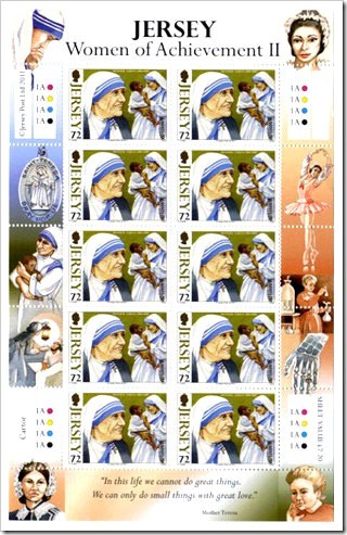 Sheetlet Of Postage Stamps From Jersey Featuring Mother Teresa Sheetlet Of Postage Stamps From Jersey Featuring Mother Teresa